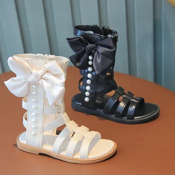 2023 Летние Новые Модные Детские Римские сандалии с большим бантом для девочек; Детские сандалии с открытым носком и высоким берцем; Детская обувь; Детская обувь с открытым носком
