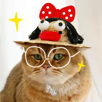 Головной убор для кошки, регулируемая соломенная шляпа для котенка, шляпа для косплея с эластичным ремешком