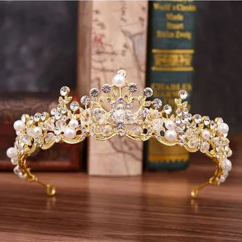 Высококачественная золотая жемчужная свадебная тиара для подружек невесты, цветочниц, корона / повязка на голову с белым покрытием для выпускного вечера