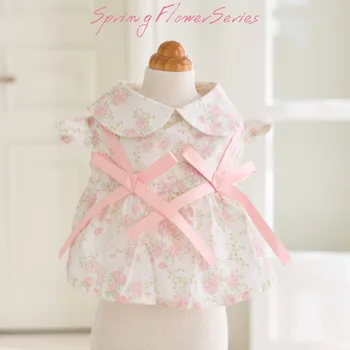 Модули питомец куклы платье розовый фиолетовый фрагментированной цветок бантом летающие рукав юбка Оснастки кнопка медведи юбка собаки одежды любимчика щенок