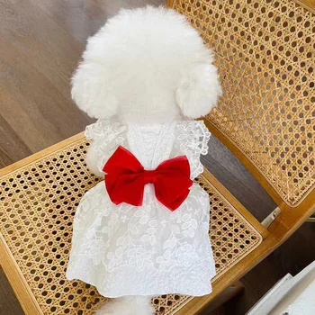 Одежда для Домашних Животных Весенне-Летнее Новое Свадебное Платье Бишон Собака Кошка Одежда Красное Кружевное Платье С Бантом