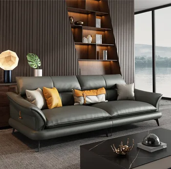 Итальянский минималистичный кожаный диван, гостиная из воловьей кожи с верхним слоем, простой современный светлый роскошный небольшой блок, комбинация прямых рядов