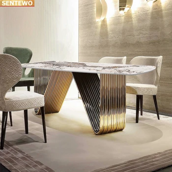 Дизайнерская роскошная столовая из мраморной плиты обеденный стол с 6 стульями mesa esstisch furniture мрамор Нержавеющая сталь золотое основание