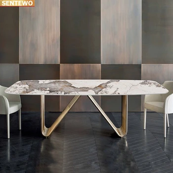 Дизайнерская роскошная столовая из мраморной плиты обеденный стол с 6 стульями mesa esstisch furniture мрамор Нержавеющая сталь золотое основание 1