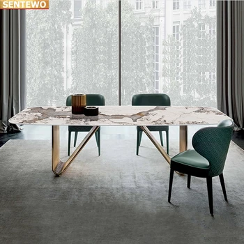Дизайнерская роскошная столовая из мраморной плиты обеденный стол с 6 стульями mesa esstisch furniture мрамор Нержавеющая сталь золотое основание 2