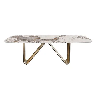 Дизайнерская роскошная столовая из мраморной плиты обеденный стол с 6 стульями mesa esstisch furniture мрамор Нержавеющая сталь золотое основание 5